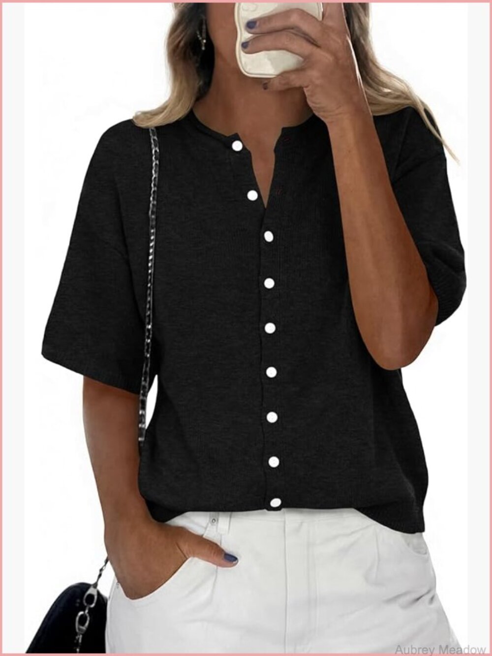 Short Sleeve Button Down Cardigan Lightweight Knit Crew Neck Top